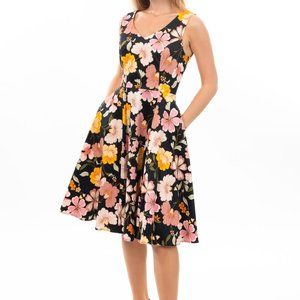 Eva Rose Black Vibrant Floral Fit & Flare V-Neck Dress With Pockets